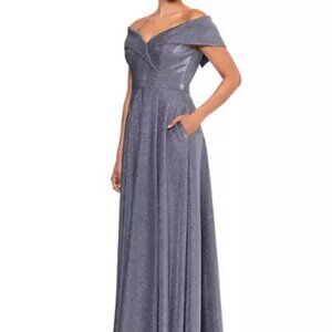 Off the Shoulder V-Neck Gunmetal Silver Sprakly Fit and Flare Gown Dress